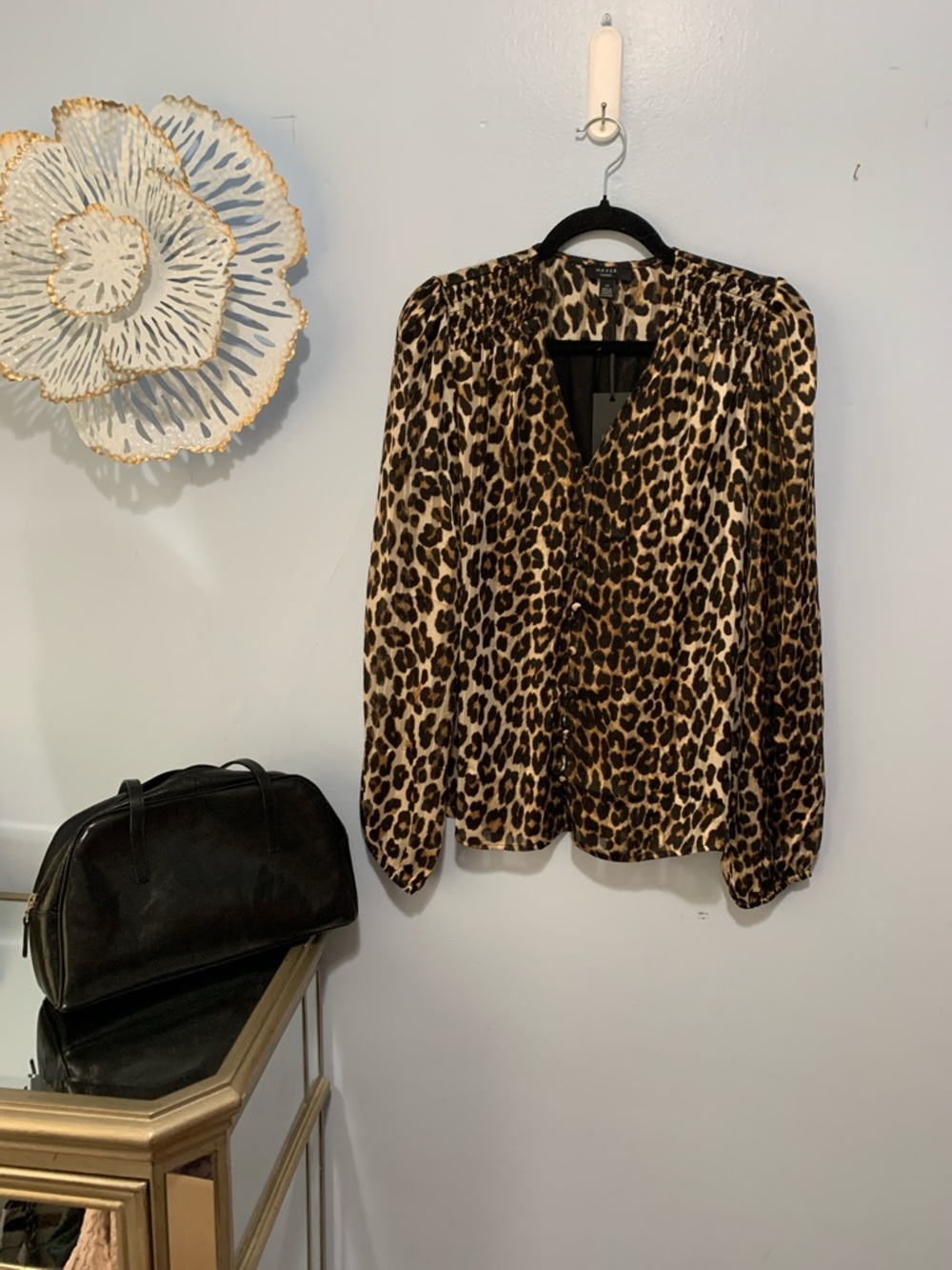 Haver London Leopard Print V-Neck Long Sleeve Blouse - Brown/Tan